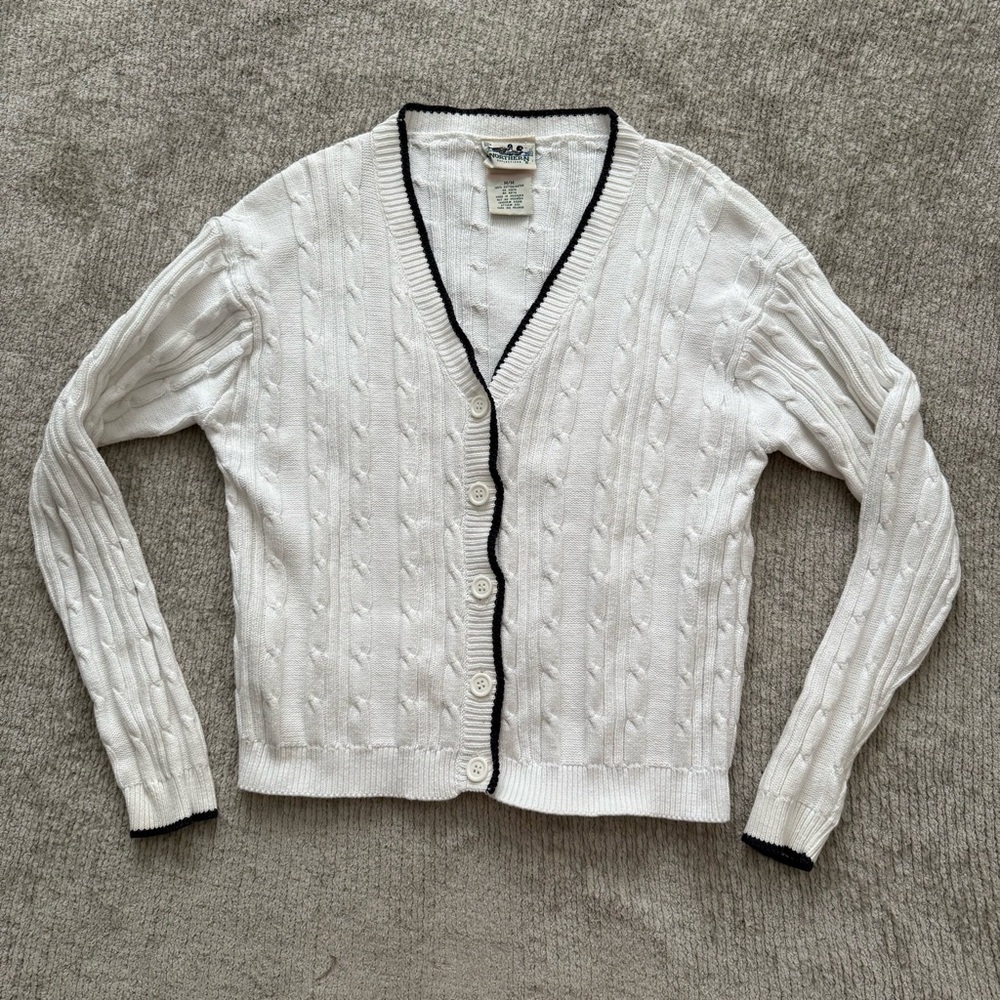 Northern Reflections White Cable Knit Cardigan Navy Trim Medium - Picture 6 of 8